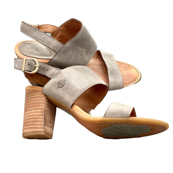 Born Shoes - Born Leather Holguin Slingback Chunky Wooden Heel Stone Gray Size 7M